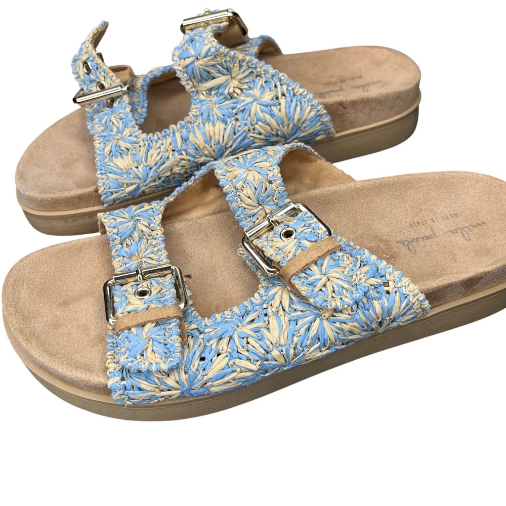 Mila Paoli Blue and Cream Braided Buckle Slide Sandals